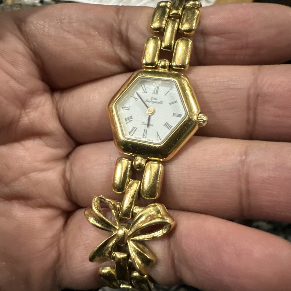 Works VTG Little Switzerland Swiss Bow Womens Watch 22mm Gold New Battery Fit 6”